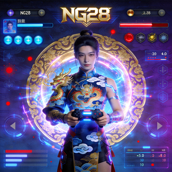 NG28电子游戏主视觉图 - 赛博国潮风格角色与电子竞技界面