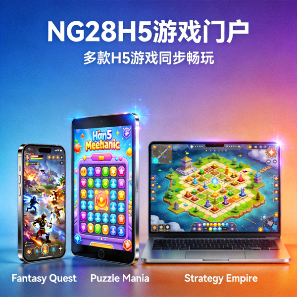 NG28H5游戏门户主视觉图 - 多款H5游戏在各类设备上同时运行的展示效果