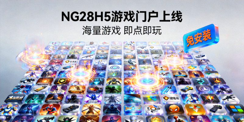 NG28H5游戏门户上线宣传图 - 展示海量游戏图标与免安装即点即玩特性
