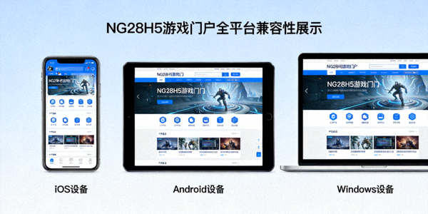 NG28H5游戏门户全平台兼容性展示 - 游戏界面在iOS、Android和Windows设备上的完美适配