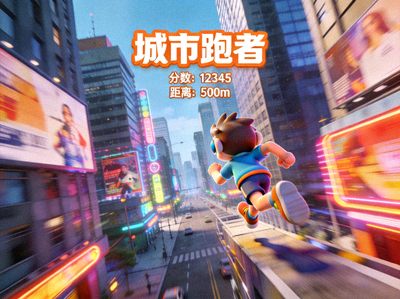 动作跑酷H5游戏'城市跑者'截图 - 卡通角色在城市中奔跑跳跃
