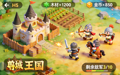 H5策略游戏《微缩王国》截图 - 卡通风格的城池建设与士兵对战画面