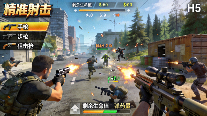 H5射击游戏'精准射击'详细游戏画面 - 展示多种武器与战斗场景