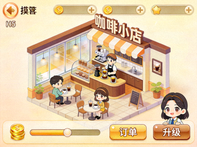 模拟经营H5游戏'咖啡小店'截图 - 卡通风格咖啡店经营场景
