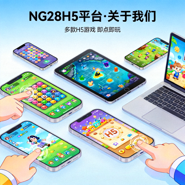 NG28H5平台关于我们主视觉图 - 展示多款H5游戏在各类设备上即点即玩的场景