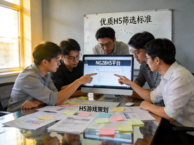 NG28H5平台内容运营团队会议场景 - 团队成员正在筛选优质H5游戏