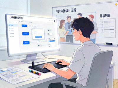 NG28H5平台用户体验设计团队工作场景 - 设计师正在优化平台界面交互