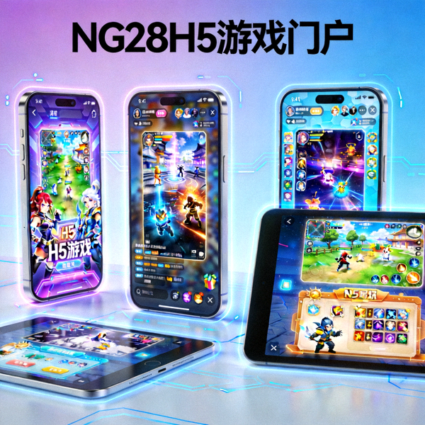 NG28H5游戏门户主视觉图 - 多款H5游戏在手机和平板设备上同时运行的展示效果