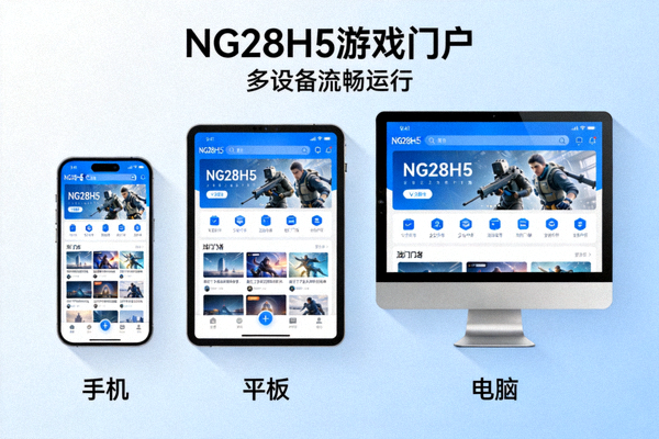 NG28H5游戏门户多设备展示图 - 在手机、平板和电脑浏览器上流畅运行