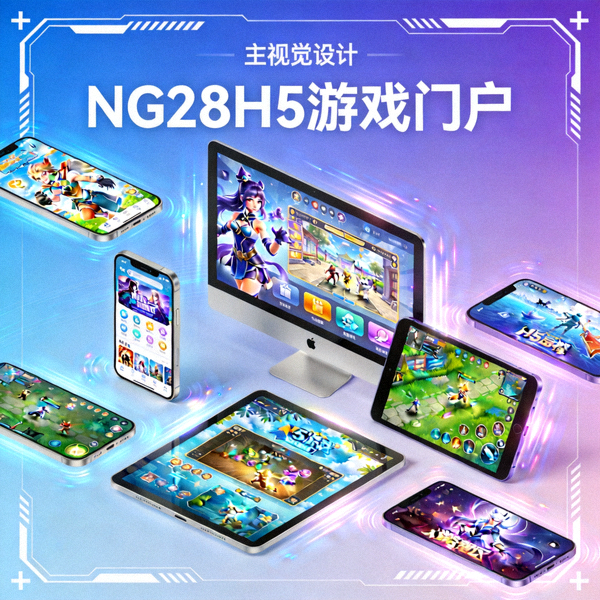 NG28H5游戏门户主视觉图 - 展示多款H5游戏在各类设备上运行的场景
