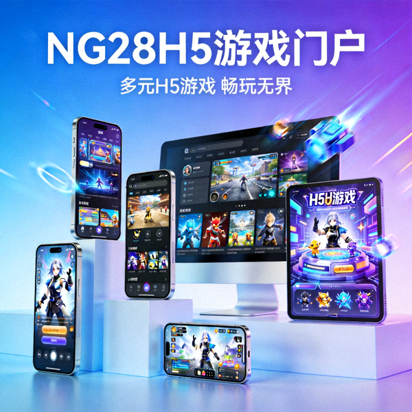 NG28H5游戏门户主视觉图 - 多种H5游戏在手机和电脑屏幕上展示