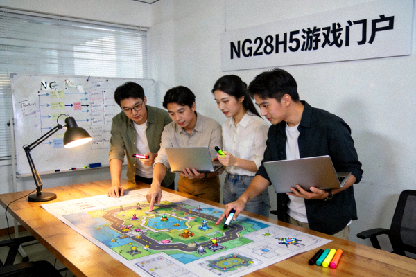 NG28H5游戏门户开发团队讨论场景 - 团队成员围绕设计图进行研讨