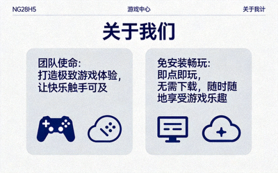 NG28H5游戏中心关于我们页面截图 - 展示团队使命与免安装畅玩理念