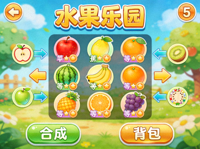 休闲合成H5游戏'水果乐园'截图 - 各种水果等待合成升级